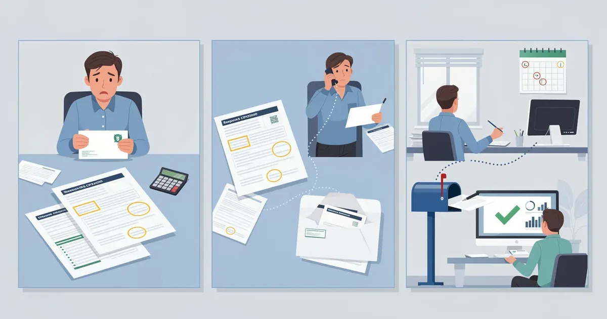 Three panels showing a person receiving an IRS notice, calling for help, then filing a response by mail and online.