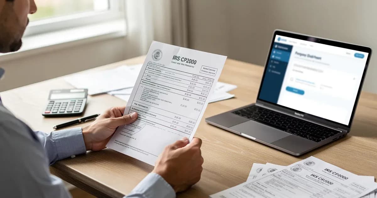 Man reviewing an IRS CP2000 notice at a desk with a calculator, pen, and open laptop showing a payment dashboard.
