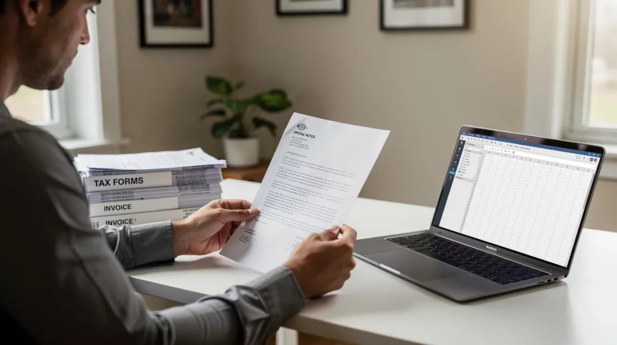 A person sits at a home desk, reviewing official mail that includes an IRS CP2000 notice regarding proposed additional tax adjustments, with a laptop open and a stack of tax documents nearby. The scene suggests they are preparing to respond to the proposed changes, possibly involving income discrepancies and supporting documentation.