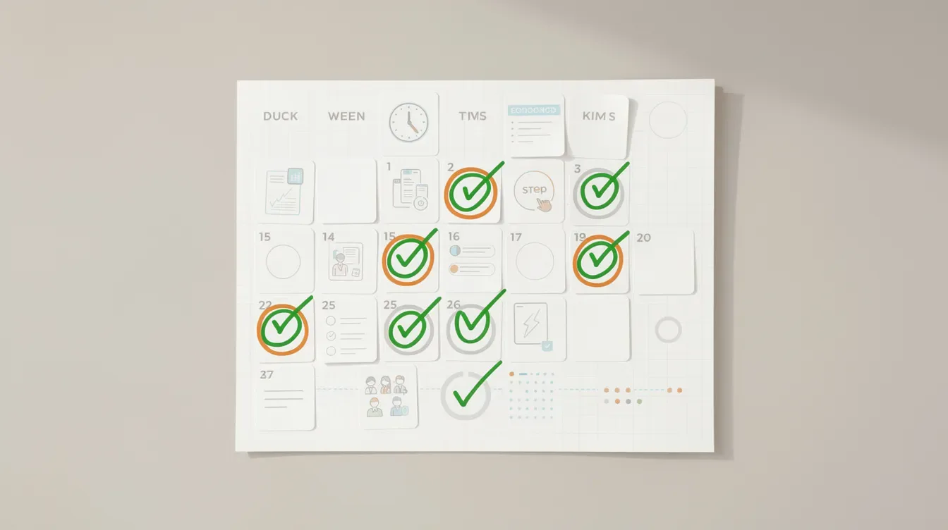 The image shows a calendar with various dates marked and checkmarks indicating completed steps, likely related to managing tax responsibilities such as responding to an IRS CP2000 notice or preparing for an IRS audit. This visual representation may help taxpayers track their progress in addressing proposed tax adjustments and submitting necessary documentation.