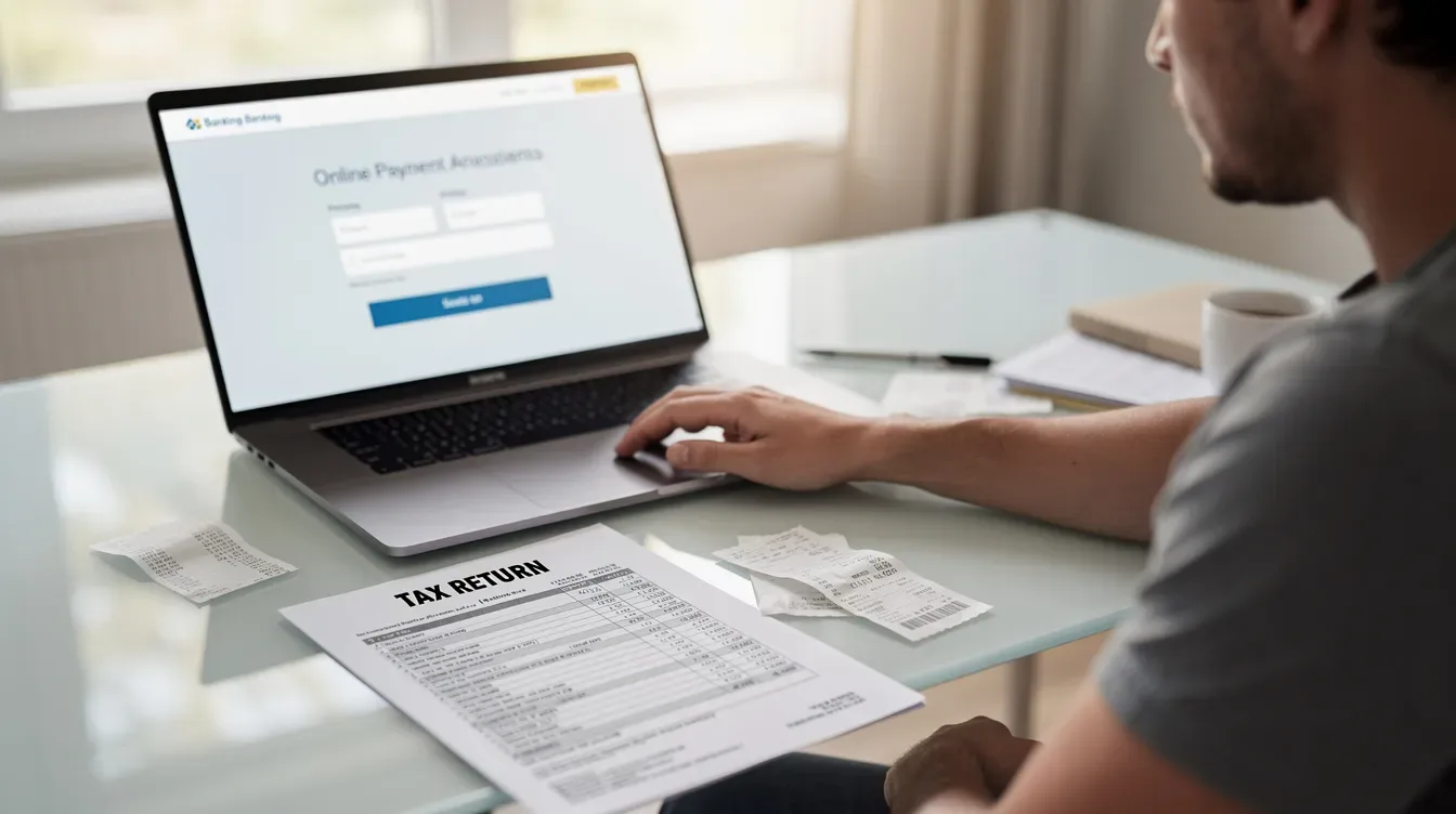 A person is sitting at a laptop, processing an online payment while a tax document, likely an IRS CP2000 notice, is visible on the desk, indicating additional tax owed or proposed adjustments related to their income tax return. The scene suggests they may be preparing to respond to the IRS regarding income discrepancies or tax liability.