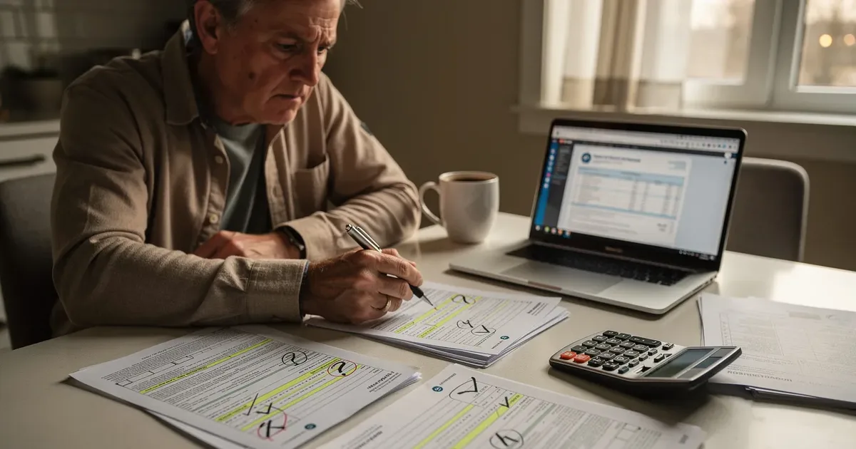 Middle-aged man reviewing highlighted tax documents at a table with a calculator, laptop, and coffee mug nearby.