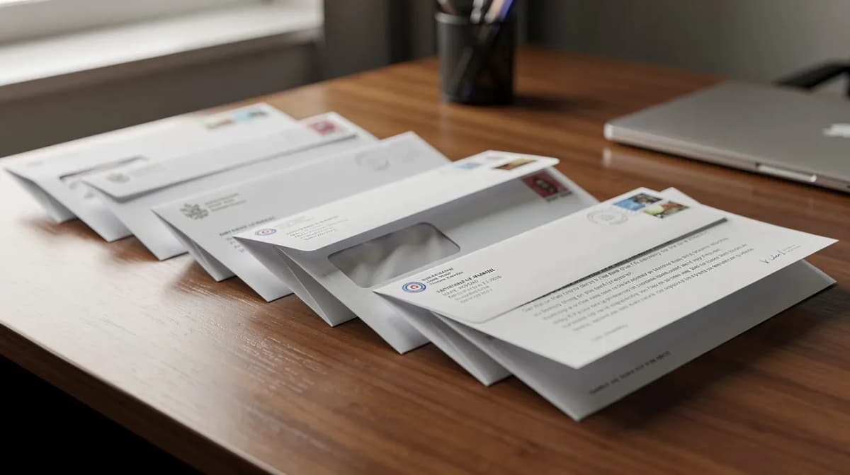 A stack of official envelopes and letters neatly arranged on a desk, indicating a sequence of correspondence related to tax issues, such as a cp2000 notice and response forms. The collection suggests important communications regarding unreported income and proposed adjustments for the tax year.
