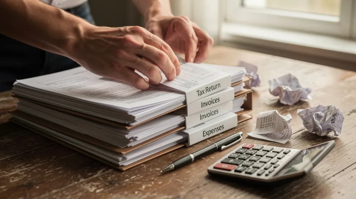 A close-up image shows a person's hands meticulously organizing various tax documents and receipts on a wooden desk, highlighting the importance of maintaining accurate records for tax returns and responses to IRS notices, such as a cp2000 notice. The scene conveys a sense of diligence in preparing for potential tax issues and deadlines.