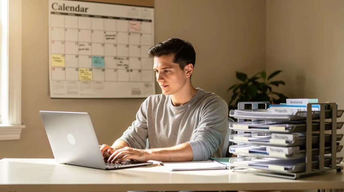 A person is seated at a home office desk, focused on their laptop, with a calendar and neatly organized file folders nearby, suggesting they are managing their tax documents or preparing a response form related to a cp2000 notice. The workspace conveys an atmosphere of productivity and organization, essential for addressing tax issues such as unreported income or proposed changes.