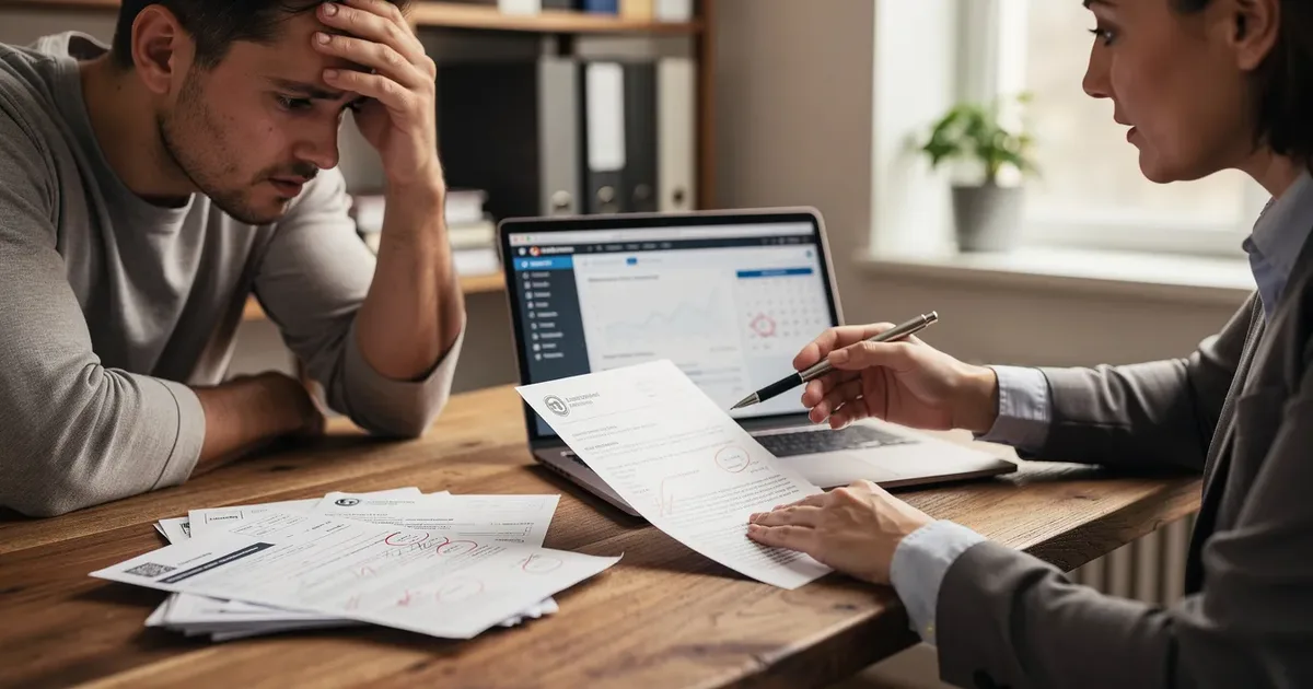 Stressed man holds his head while a financial advisor points to IRS notices and a laptop screen during a debt consultation.