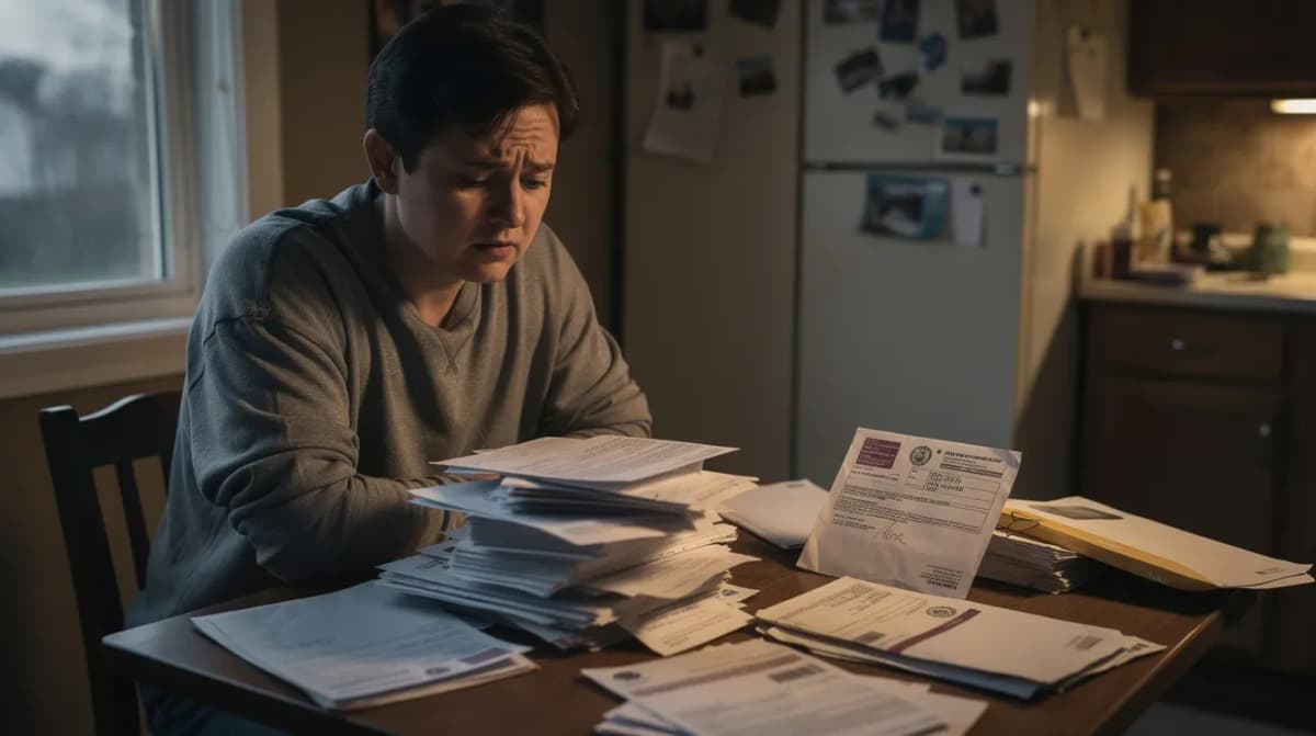 A person sits at a kitchen table, looking concerned as they examine official mail, including a statutory notice and response form, with various papers and envelopes spread out around them. The expression suggests they are dealing with tax issues, potentially related to unreported income or a proposed tax assessment from the IRS.