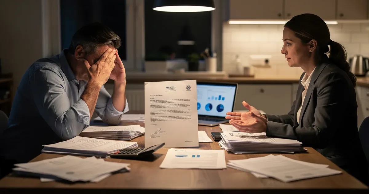 Stressed man holds his head while a woman in a suit explains financial documents and a laptop at a dimly lit table.