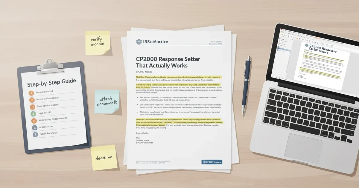 CP2000 response letter sample on a desk with a step-by-step clipboard guide, sticky notes, and a laptop showing the document.