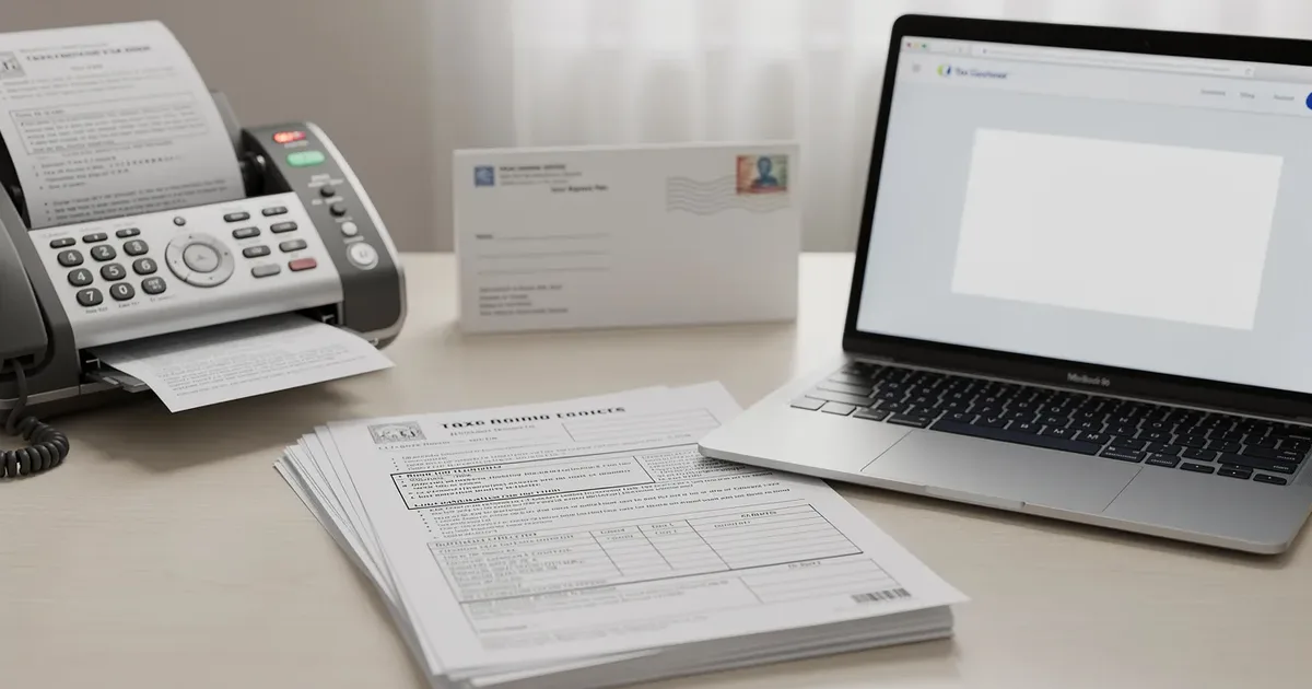 The image depicts various methods for responding to a CP2000 notice, including a fax machine, a mailbox, and a computer