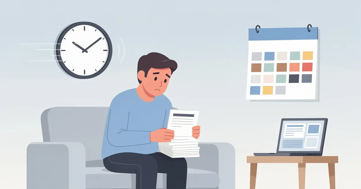 Stressed man sitting on sofa holding a stack of documents, with a fast-moving clock and calendar on the wall nearby.