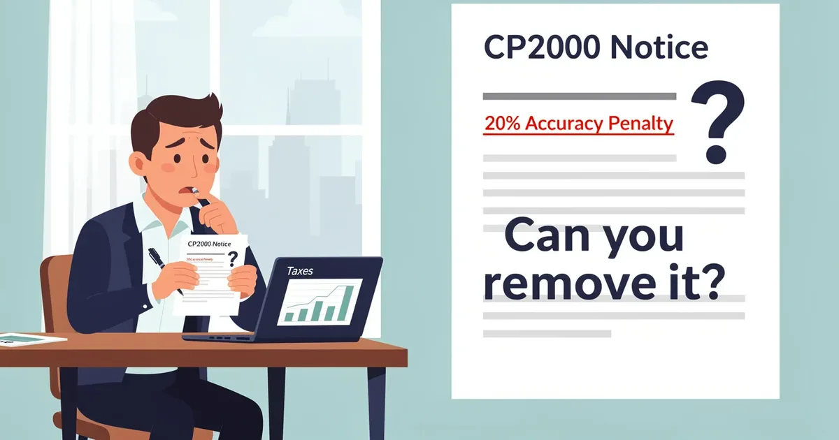Worried man reviews CP2000 Notice showing a 20% accuracy-related penalty, with laptop open to taxes chart nearby.