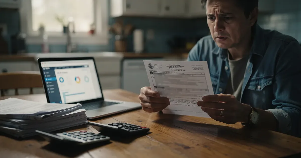 Worried man reviewing IRS Letter 4464C at kitchen table with calculator, stacked documents, and financial dashboard on laptop