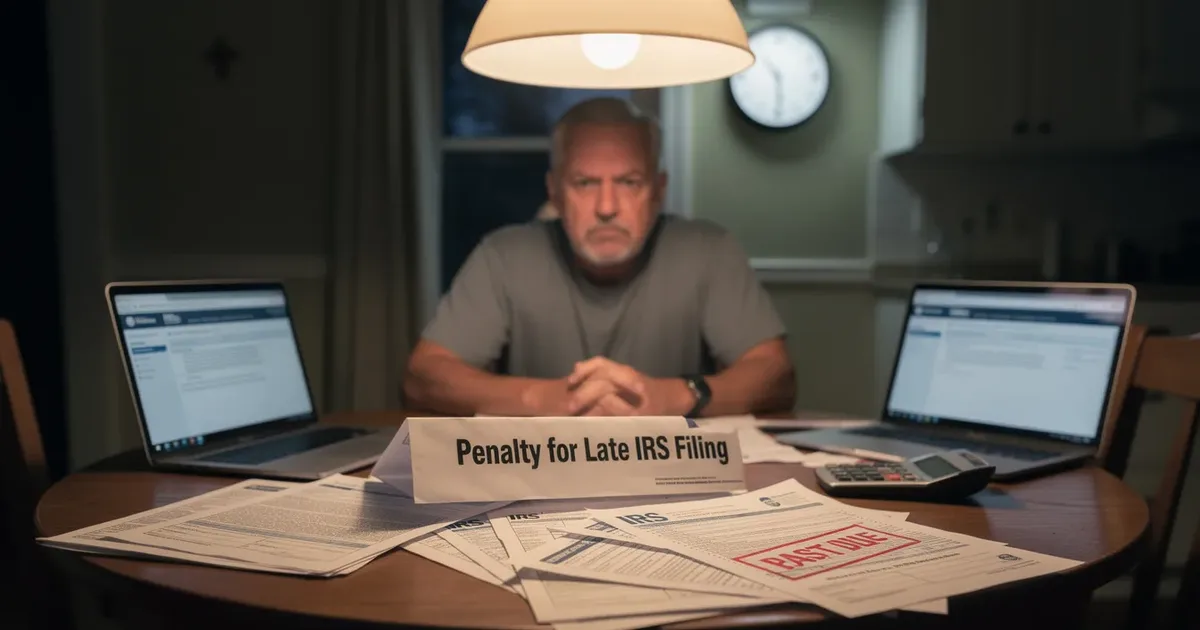 Stressed man at dim table surrounded by IRS documents, past due notices, and two laptops, facing a late IRS filing penalty