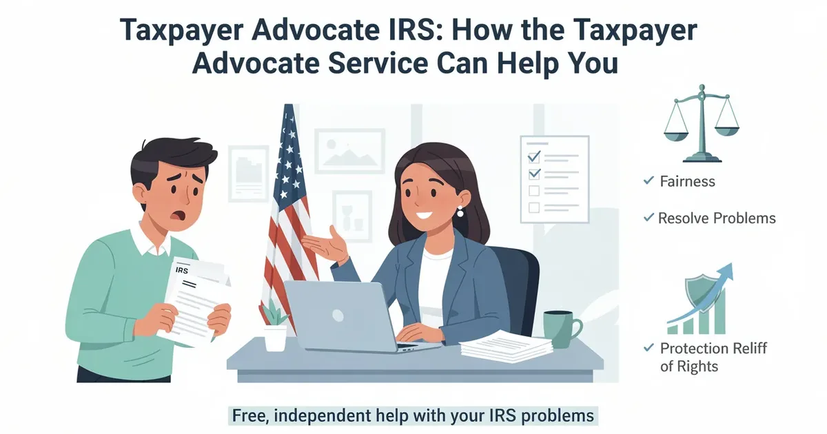 Taxpayer advocate service rep at desk helps confused taxpayer holding IRS notice, with icons for fairness and rights.