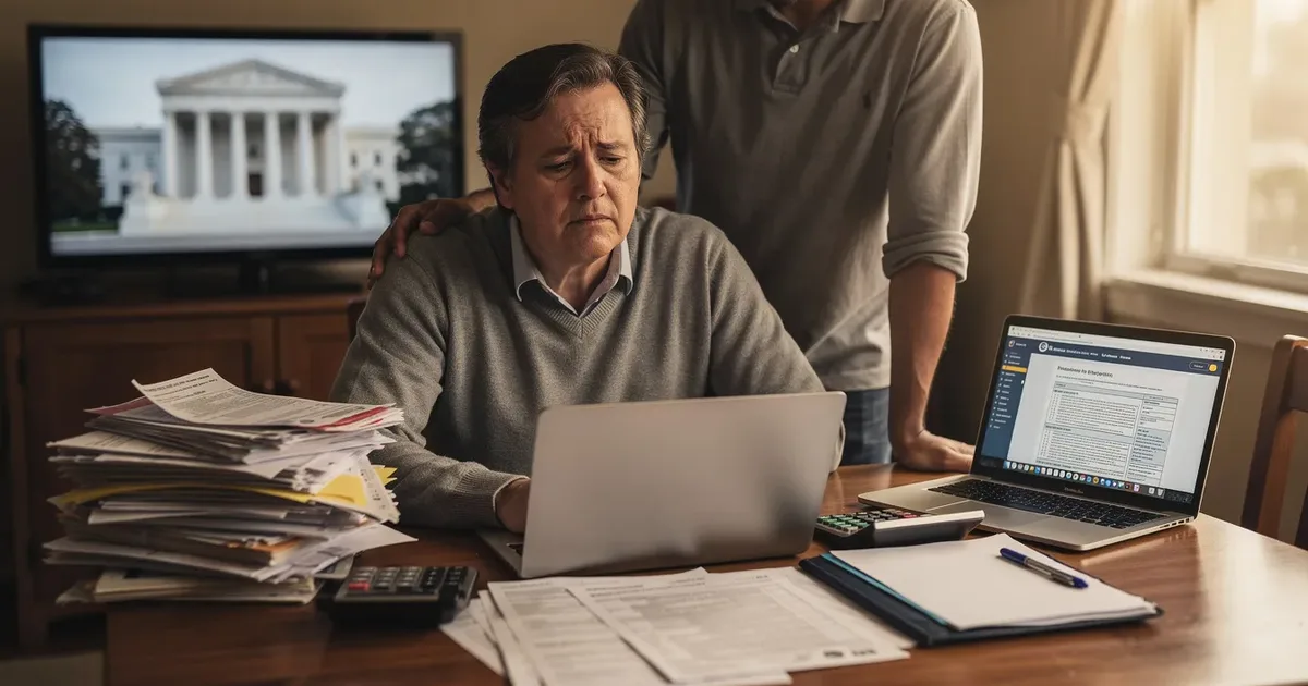 Stressed man reviews IRS documents and laptop at cluttered desk, exploring tax forgiveness programs with help from family
