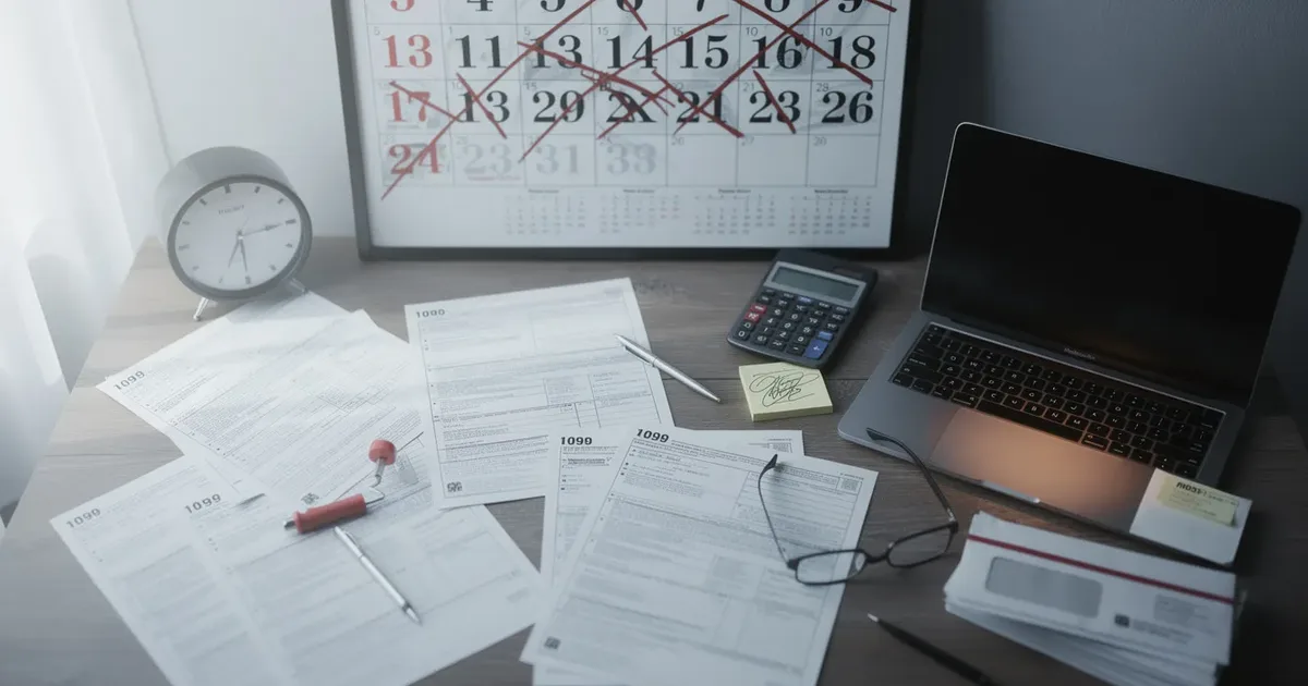 Desk covered in 1099 tax forms, calculator, laptop, glasses, and a calendar with dates crossed off