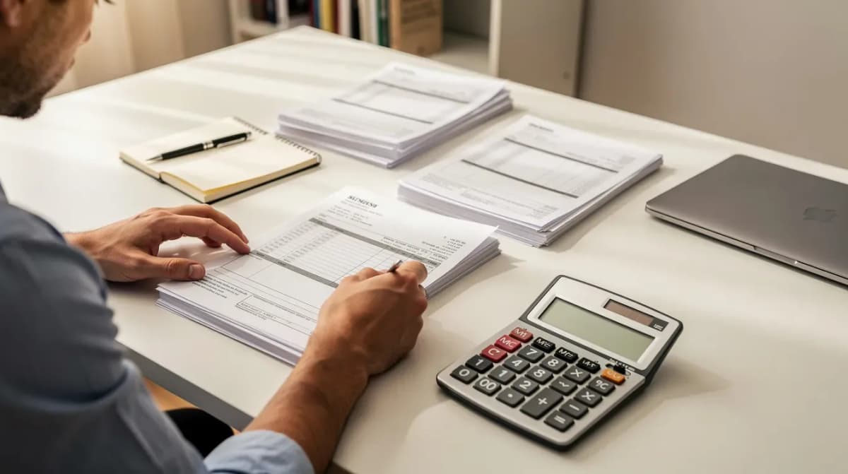 A person is sitting at a desk, carefully organizing financial documents alongside a calculator, preparing for tax time. The scene suggests they are focused on managing estimated tax payments and ensuring they have the right amount withheld to avoid any unexpected tax bills.