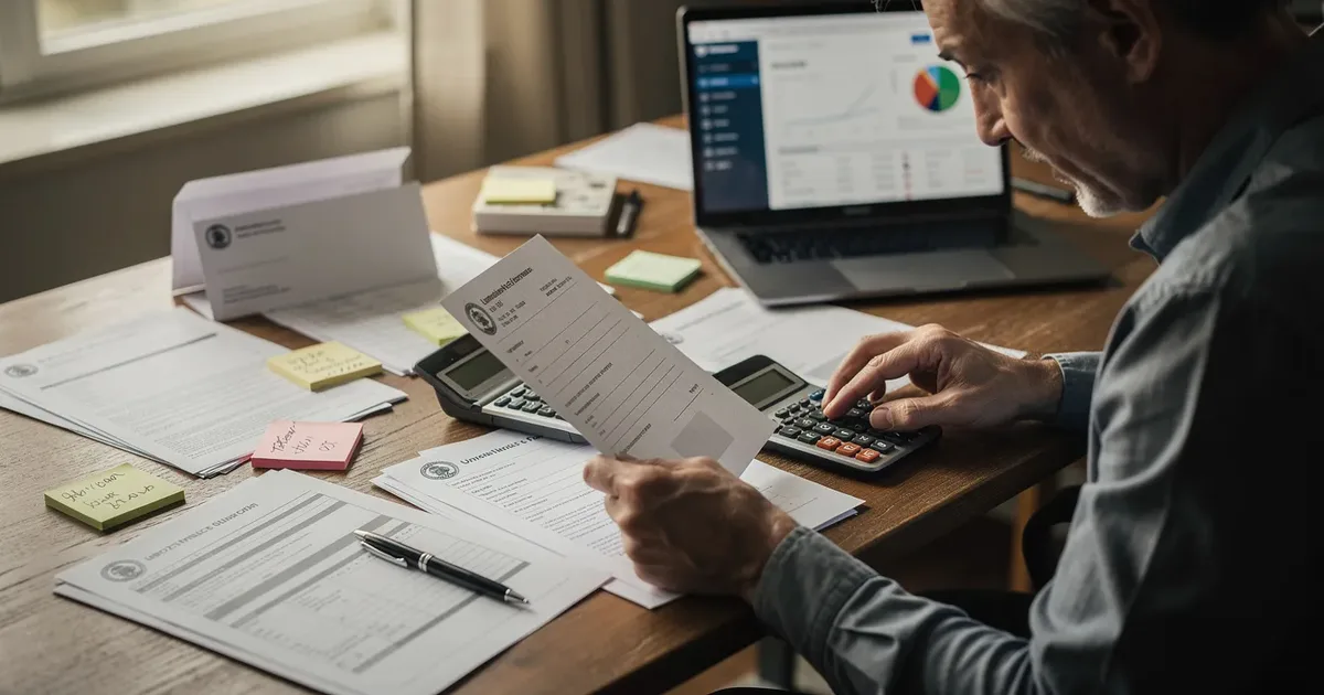 Man reviewing IRS tax documents and a bill at a desk with a calculator, sticky notes, and a laptop showing financial charts.