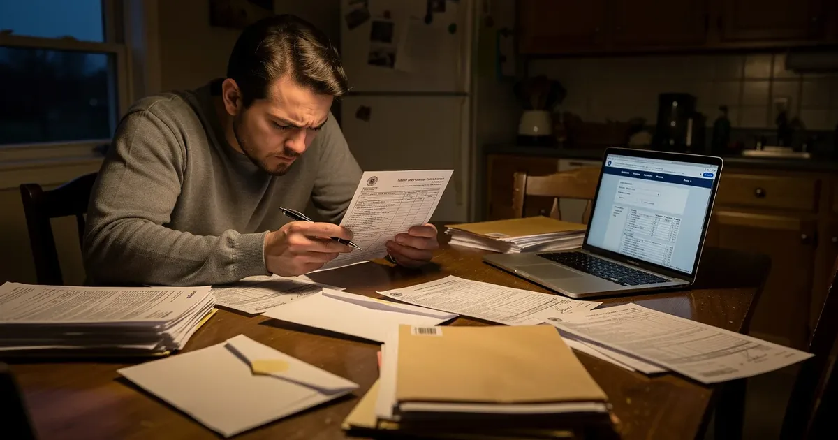 Man at kitchen table reviewing tax documents and IRS notices by lamplight, laptop open beside stacks of paperwork