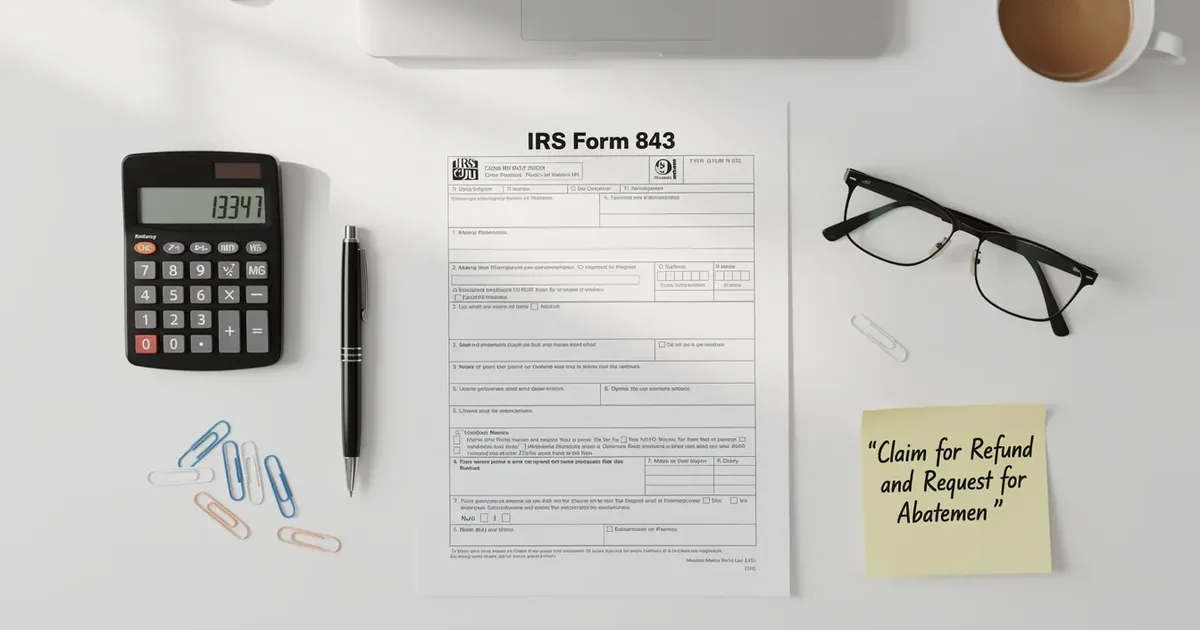 IRS Form 843 claim for refund and abatement, laid on a desk beside a calculator, pen, paperclips, glasses, and coffee.
