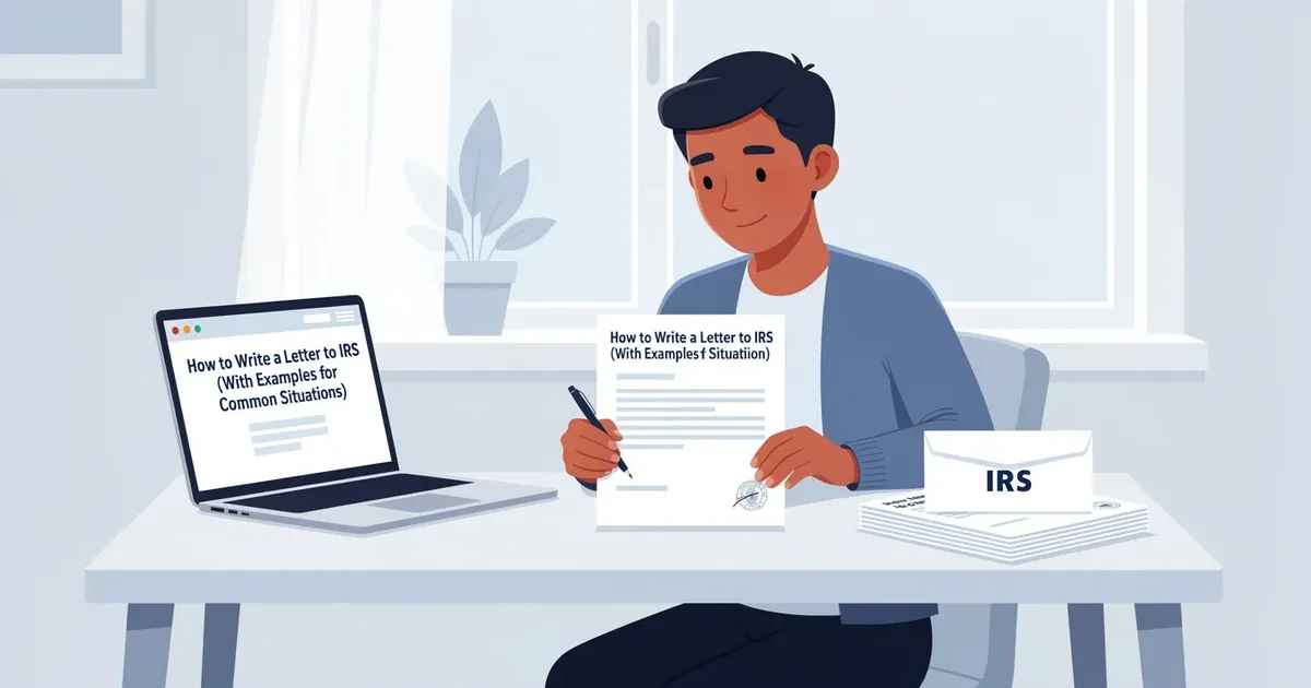 A taxpayer at a desk writing a letter to IRS by hand, with a laptop and an IRS envelope beside the document.