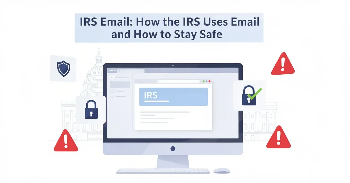 Computer showing IRS website surrounded by security locks, warning triangles, and a shield icon, illustrating IRS email