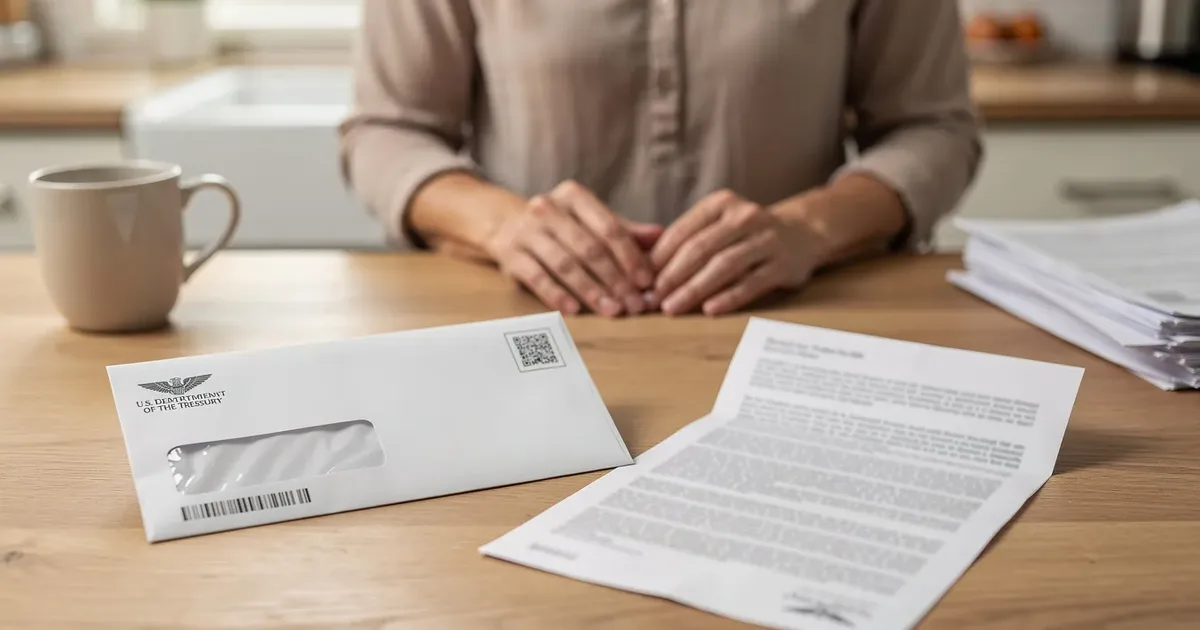 US Department of Treasury mail on a kitchen table: an official envelope and letter beside a recipient.