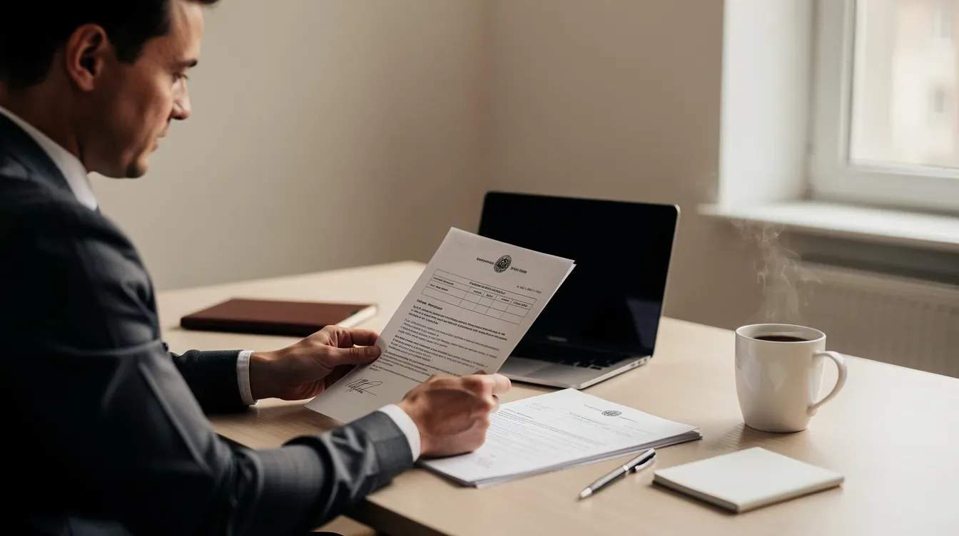 A person sits at a desk, calmly reviewing official paperwork related to their tax return while enjoying a cup of coffee. Nearby, a letter from the IRS or the Department of the Treasury is visible, indicating a focus on financial matters such as refunds or direct deposits.