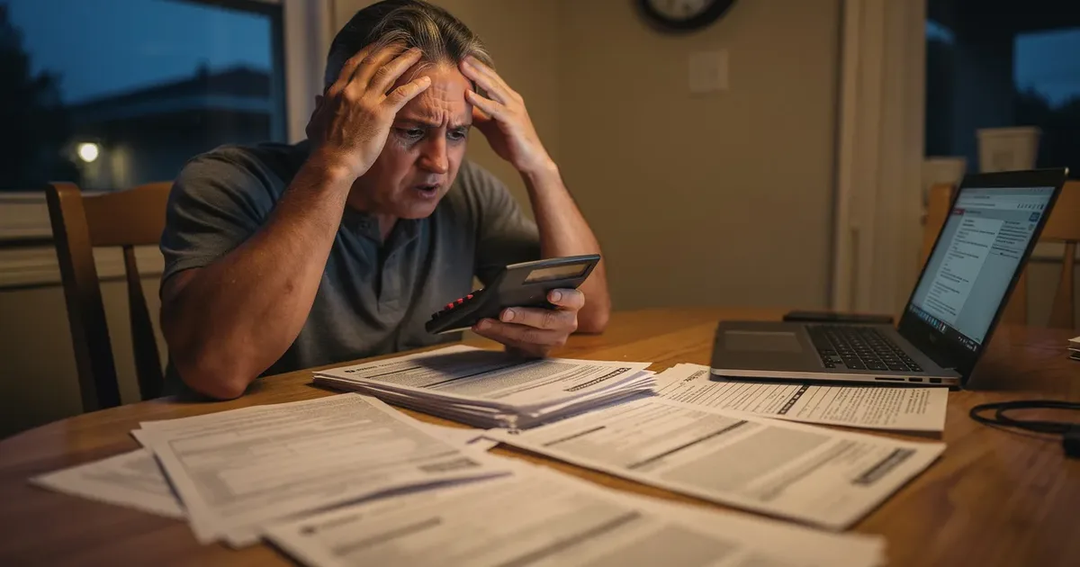 Worried taxpayer reviewing tax documents at night with a calculator after an IRS Code 6651 penalty notice.