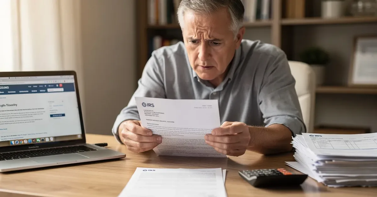 Man reviewing IRS Notice 1462 at home with tax paperwork, a calculator and the IRS website open on a laptop.