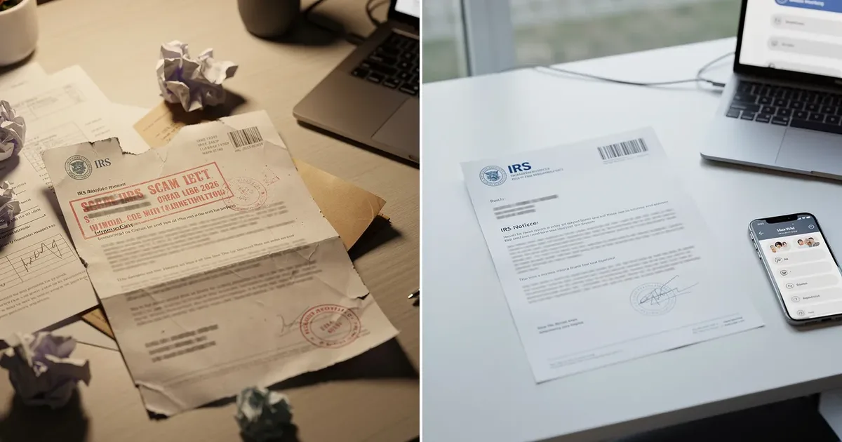 Side-by-side comparison of a crumpled IRS scam letter marked in red and a clean, genuine IRS notice on a desk.