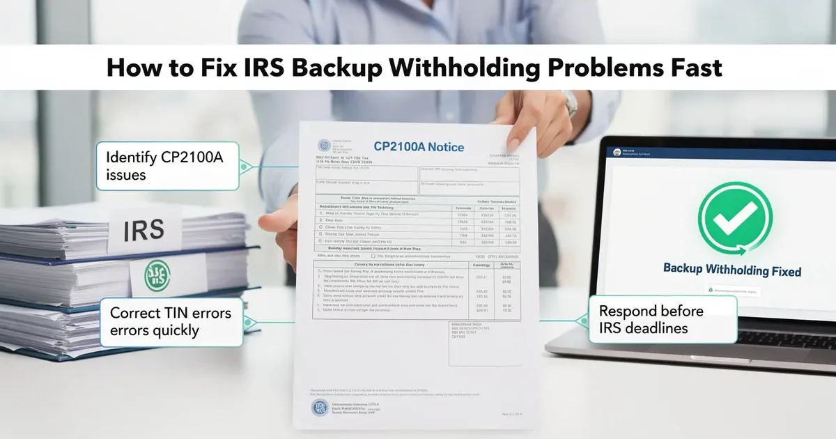 Person holding a CP2100A Notice with IRS documents and laptop showing steps to fix backup withholding problems fast.