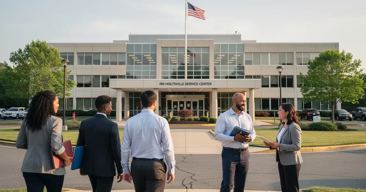 Exterior of the IRS Holtsville Service Center in New York, a large government processing campus.