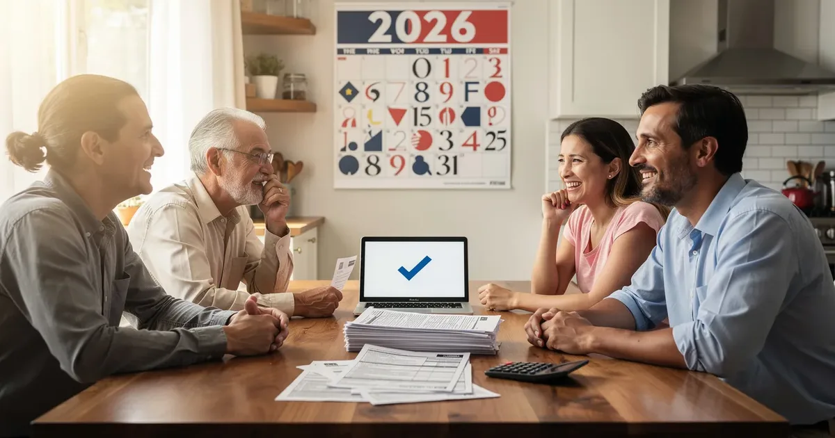 Four adults at a kitchen table with tax documents, a laptop showing a checkmark, and a 2026 calendar on the wall