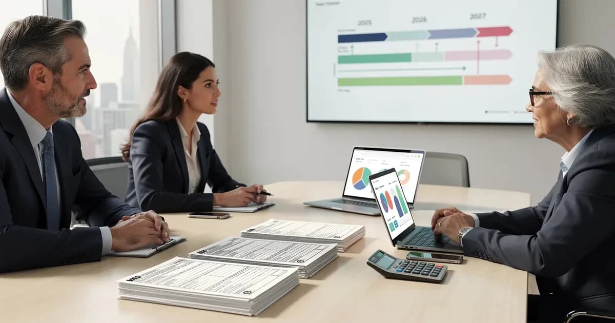Three business professionals in a conference room reviewing IRS tax documents, laptops, and a timeline chart on a screen.