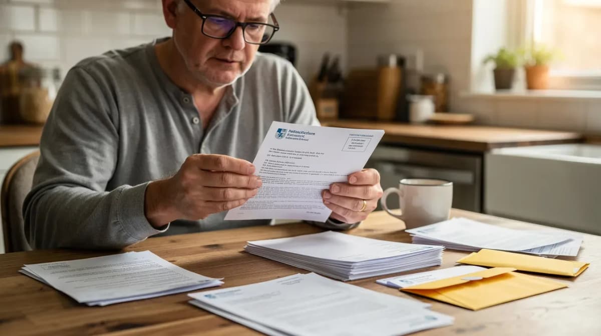 A person is seated at a kitchen table, reviewing official mail documents with reading glasses on, likely assessing their tax obligations such as unpaid taxes or estimated tax payments. The scene suggests a focus on understanding potential penalties from the IRS related to their tax situation.