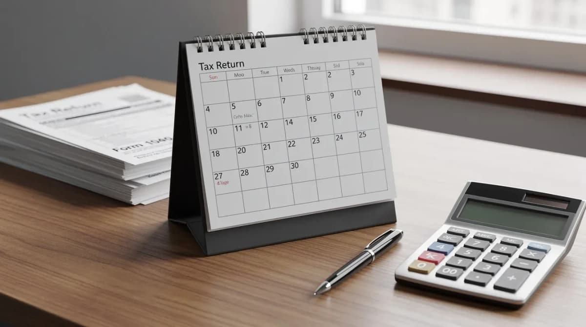 The image shows a calendar on a desk, accompanied by a calculator and a pen, with tax forms scattered nearby. This setup suggests a focus on managing tax obligations, including estimated tax payments and potential penalties for unpaid taxes.