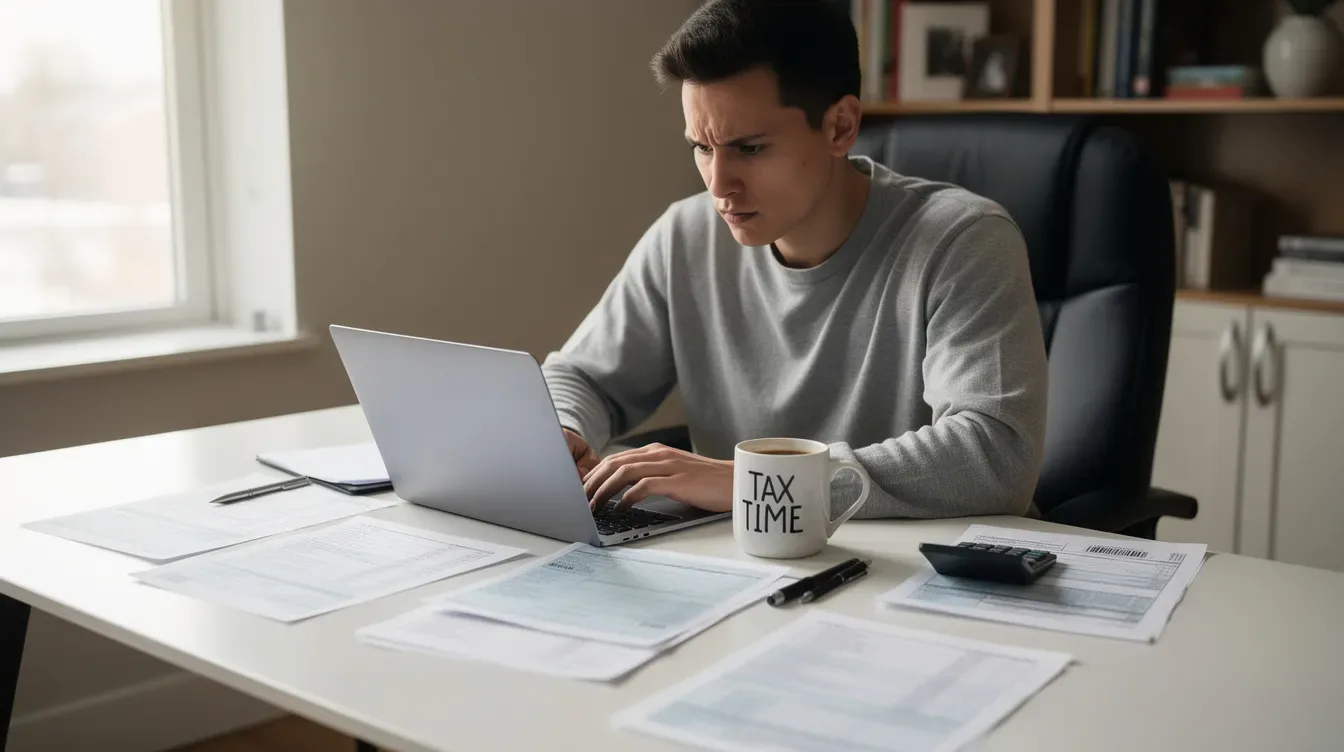 A focused individual is seated at a desk, working on a laptop surrounded by tax documents and a coffee mug, likely calculating their estimated tax payments or reviewing their tax obligations to avoid penalties and interest from the IRS. The scene conveys a sense of diligence in managing their financial responsibilities.