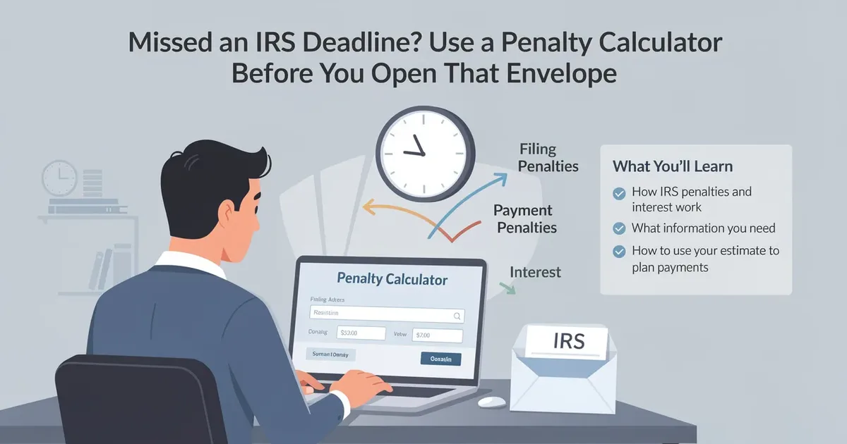 Person using an penalty calculator IRS online, with arrows showing filing penalties, payment penalties, and interest on a