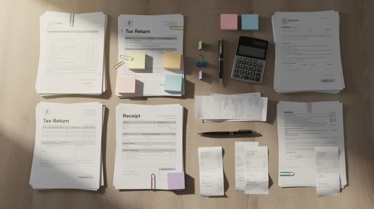 The image depicts a neatly organized collection of tax documents, receipts, and forms spread across a wooden desk, showcasing various IRS letters and tax records essential for taxpayers. In the upper right-hand corner, a locked padlock icon symbolizes the secure handling of sensitive information related to tax returns and payment details.