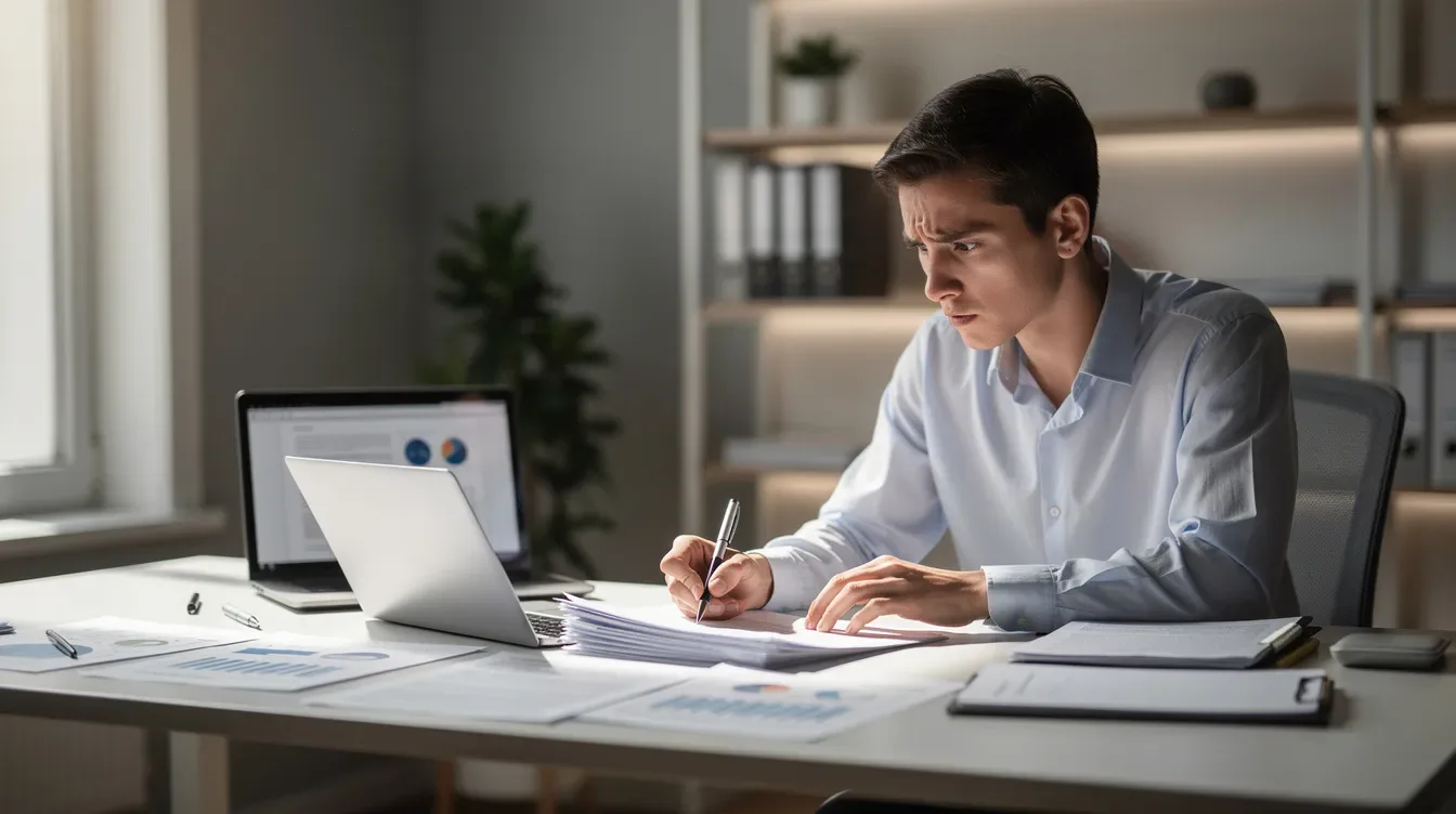 A person is sitting at a laptop, reviewing paperwork with a concerned but focused expression, likely examining IRS letters regarding their tax return and payment details. The scene conveys a sense of urgency as they prepare to respond to important documents that may include instructions on how to resolve an issue with their tax records.