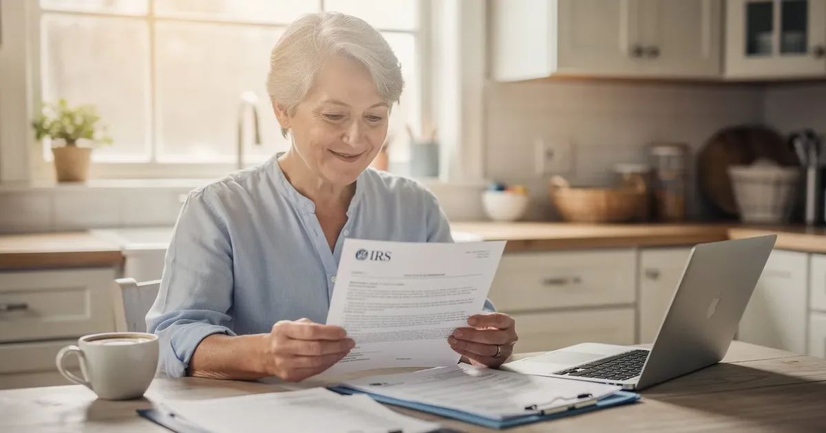 Senior woman reading an IRS letter at a kitchen table, with a laptop, tax documents, and coffee nearby.
