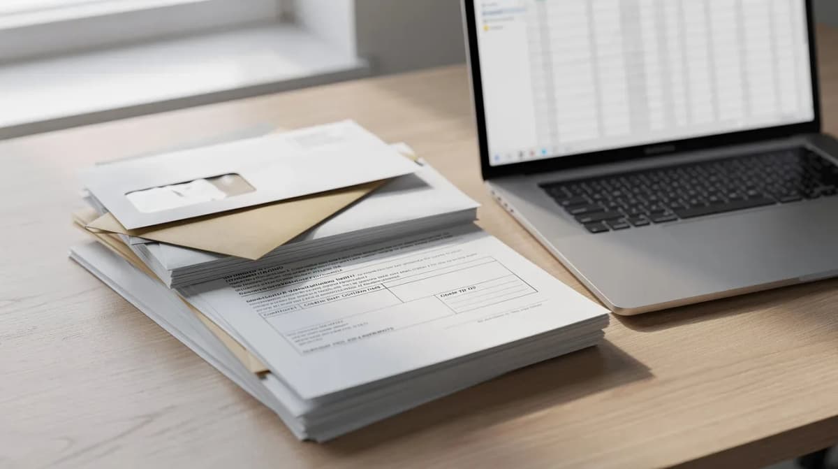 The image shows a stack of official forms and envelopes on an office desk beside a laptop, suggesting a financial situation involving tax debt, such as dealing with an unexpected tax bill or preparing for an offer in compromise. The setup indicates an environment where taxpayers might seek solutions for IRS tax forgiveness or explore payment options for their taxes owed.