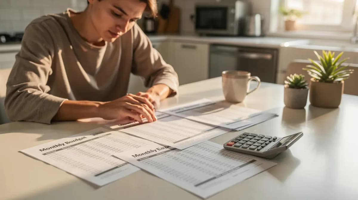 A person is seated at a kitchen table, carefully reviewing printed financial documents related to their tax debt, with a calculator positioned nearby. The scene suggests a focus on understanding payment options and potential tax forgiveness programs in light of their financial hardship.