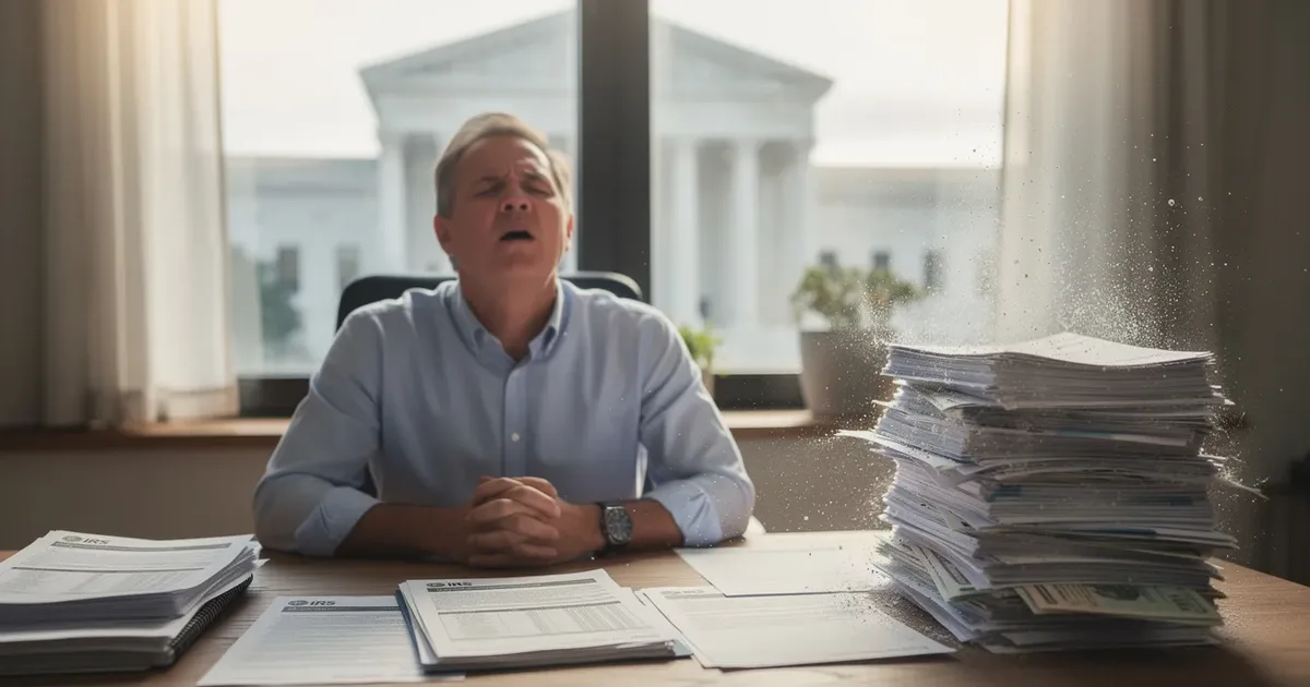 Frustrated man at desk covered in IRS notices and paperwork, with a large stack of documents beside him