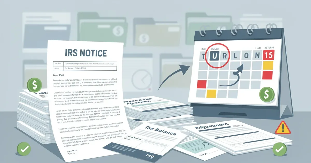 IRS notice, Form 1040, tax balance, payment plan, and adjustment documents beside a deadline calendar with dollar signs.