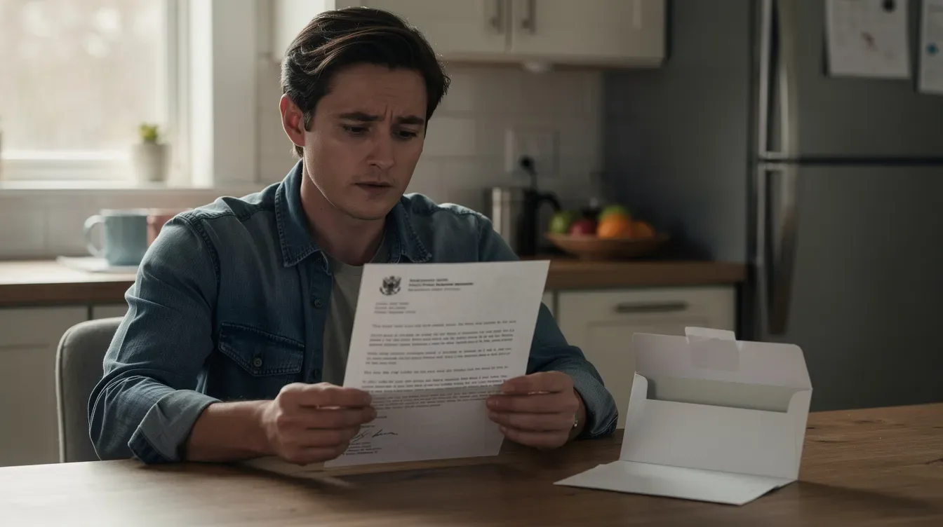 A person is sitting at a kitchen table, intently reviewing an official IRS letter that has been taken out of a white envelope, possibly related to their tax situation. The individual appears to be assessing important information regarding their balance due or any potential penalties, indicating a need to resolve tax issues or verify details.