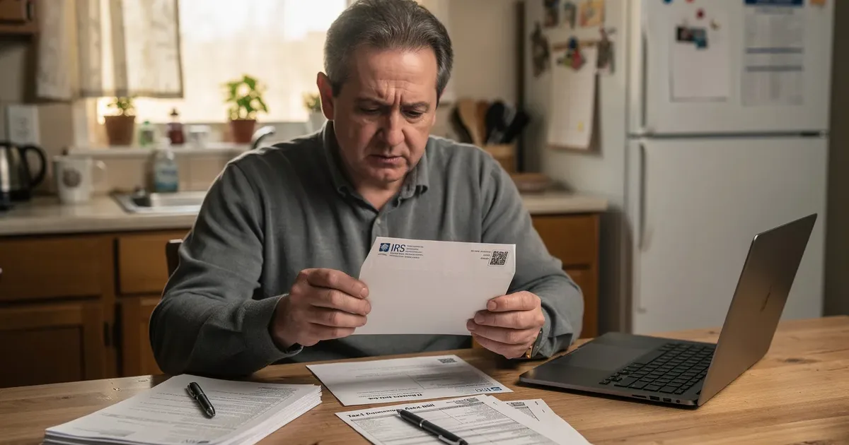 Worried man reading an IRS notices and letters at a kitchen table covered with tax documents, a laptop open beside him.