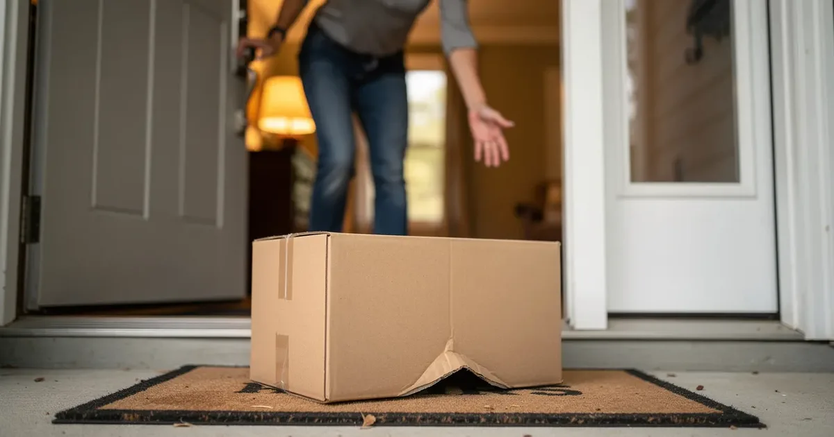 Damaged cardboard package from IRS left on a doorstep mat as a person opens the front door to retrieve it.